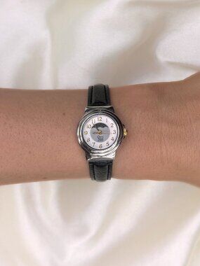 Vintage 90s Leather Band Watch, Silver Case, Bookish Aesthetic Jewelry